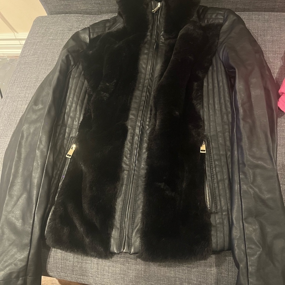 Guess Black Leather Jacket with Faux Fur